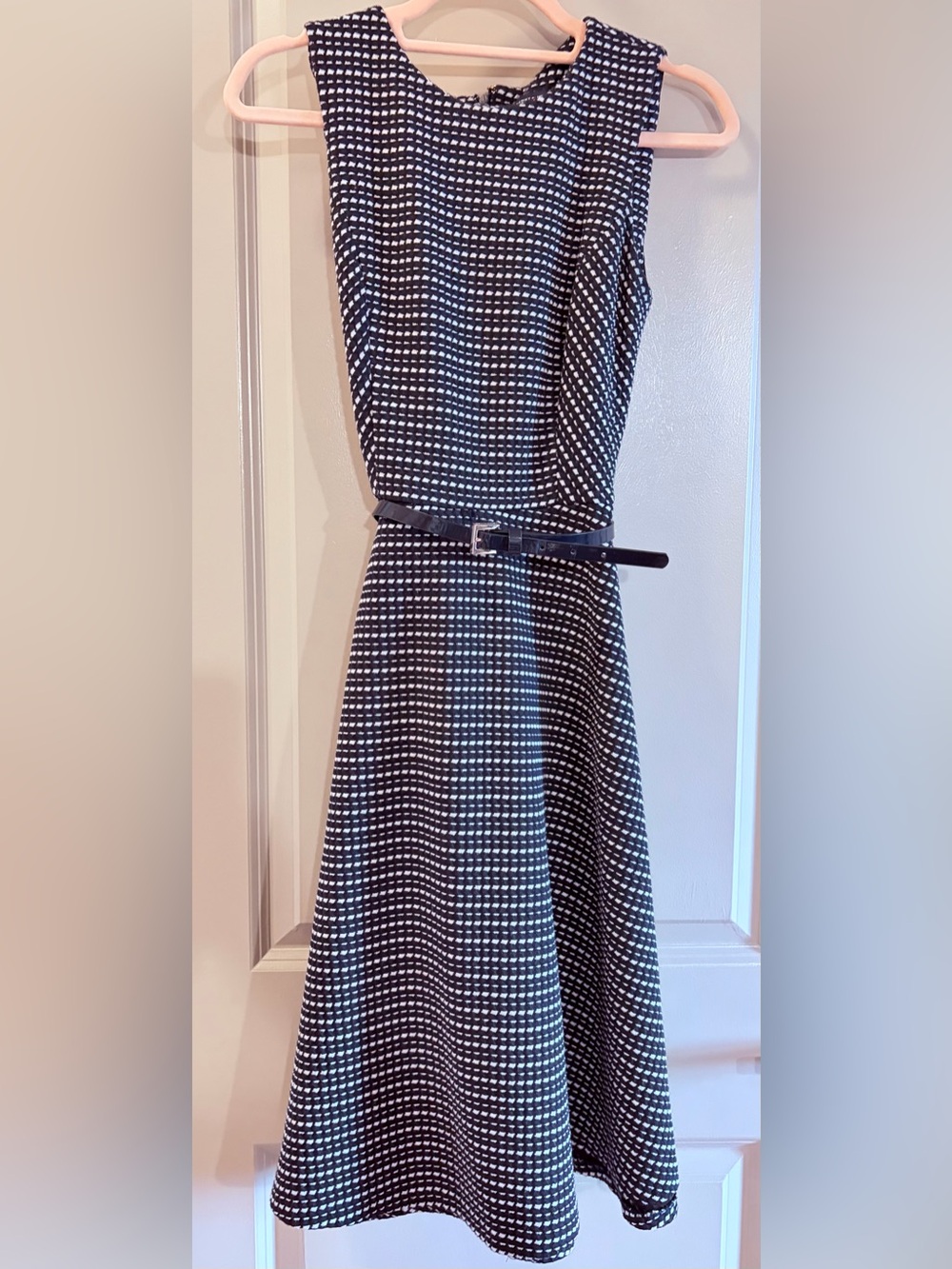 Tommy Hilfiger Classic Black & White Patterned Fit-and-Flare Dress with Belt